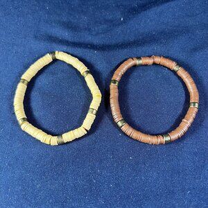 Pair Of Handmade Shell & Metal Bead Stretch Bracelets Beige & Brown